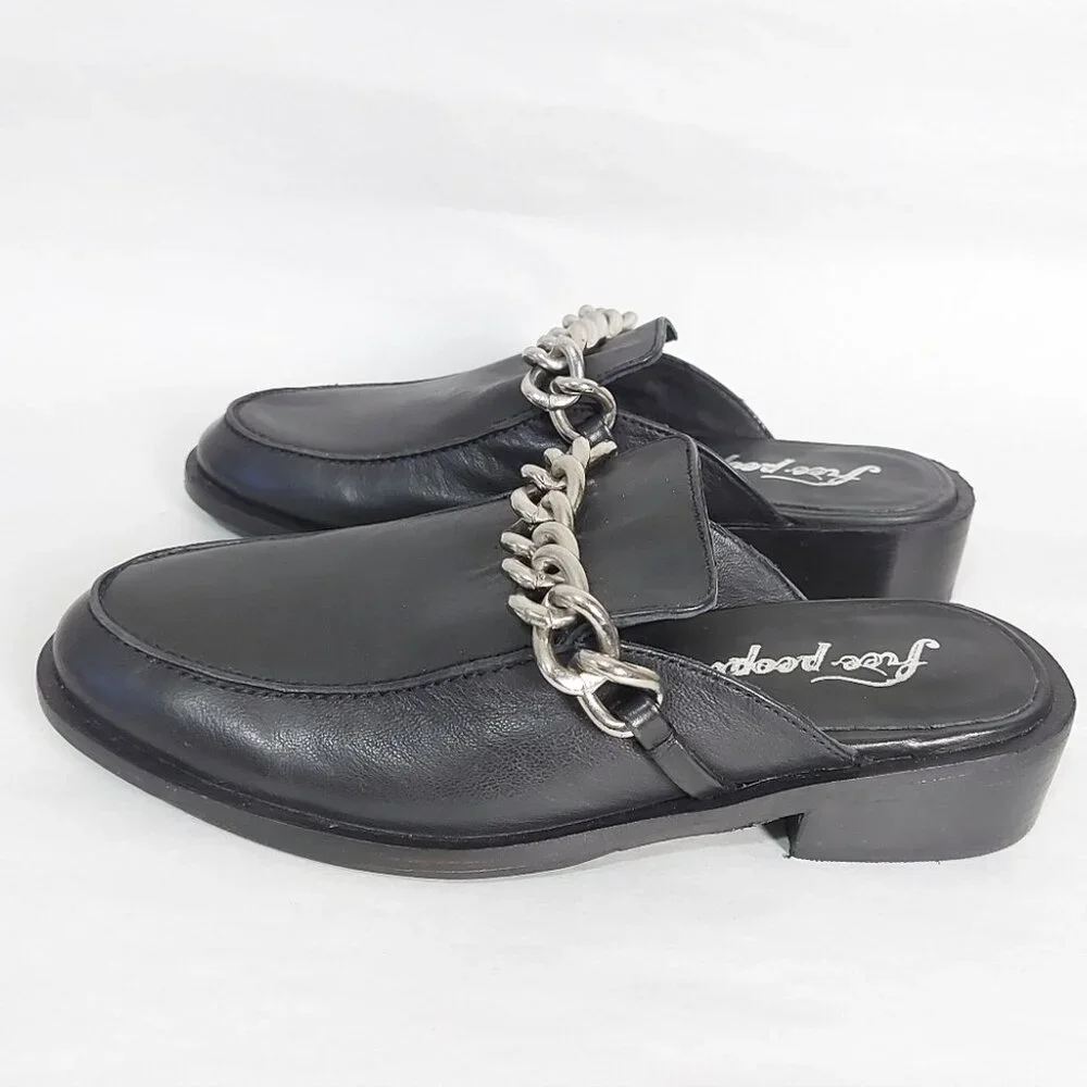 Free People Preppy Silver Link Chain Vida Mules Size 38 EU Black Leather Slip-On